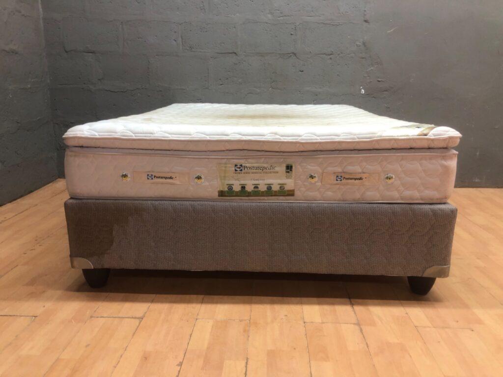 Sealy Posturepedic “Crown Jewel Sensual Collection” pillow-top mattress + divan base (153 x 190 x 65 cm) — heavily stained, strong odour