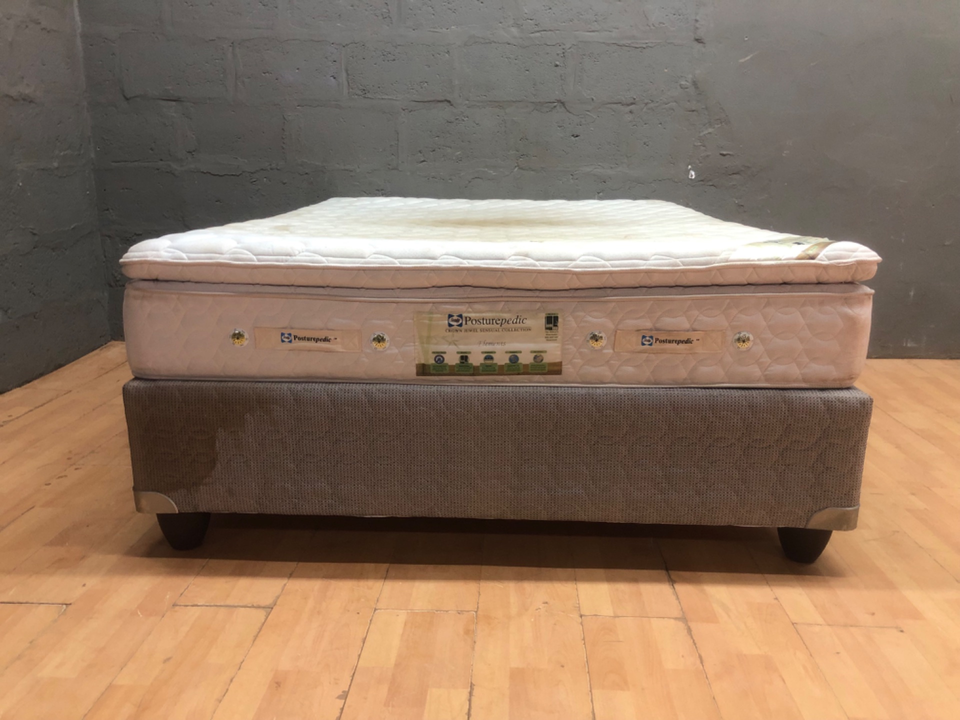 Sealy Posturepedic “Crown Jewel Sensual Collection” pillow-top mattress + divan base (153 x 190 x 65 cm) — heavily stained, strong odour