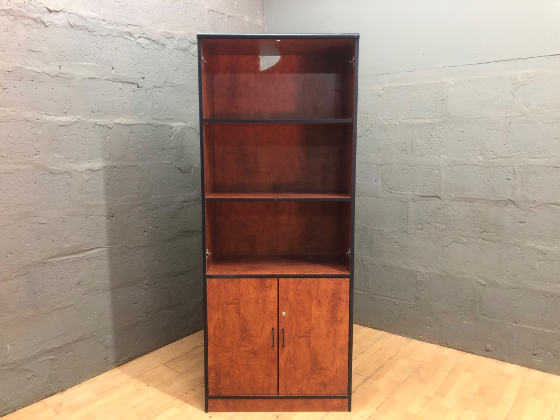 Tall laminate/veneered shelving unit with lower cupboard – adjustable shelves, lock barrel (no key) – 200 x 44 x 80 cm