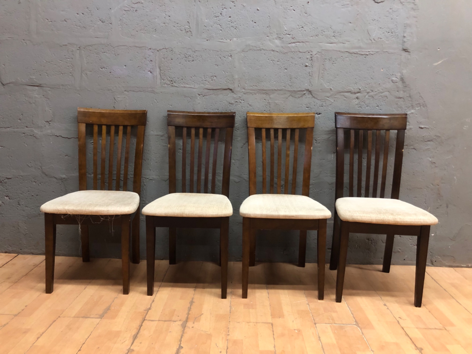 Set of 4 Wooden Slat‑Back Dining Chairs – Beige Upholstery, one seat removed