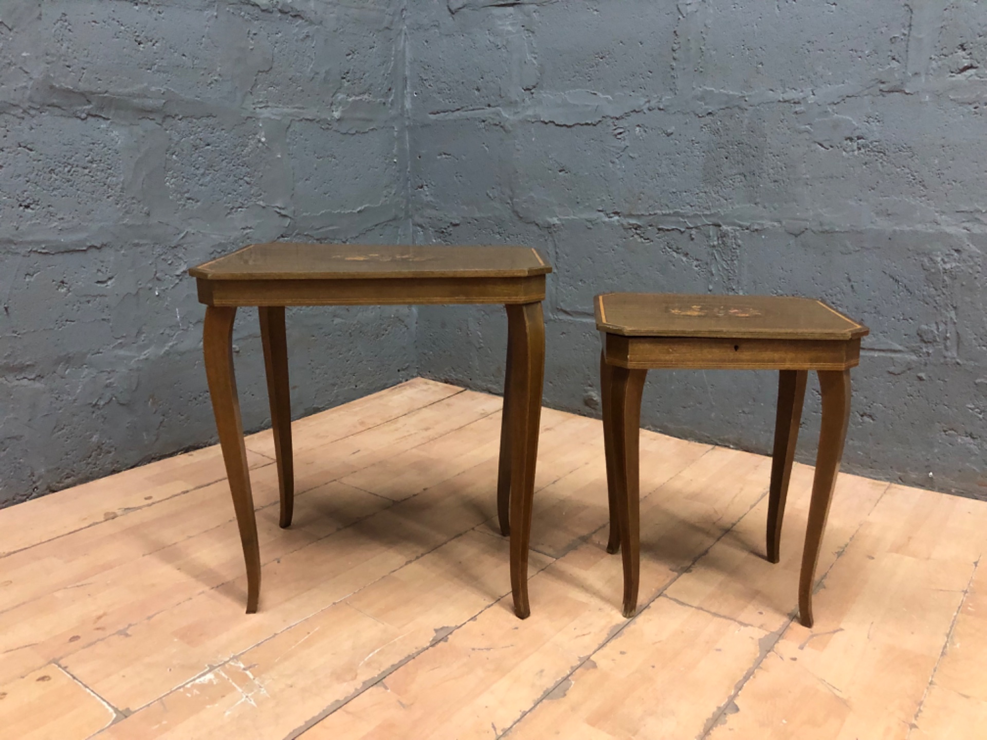 Pair of Vintage Occasional Tables with Floral Inlaid Tops — one lift-top storage table