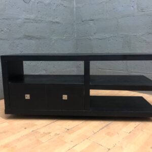 Black laminated stepped TV / media unit with two drawers and open shelving