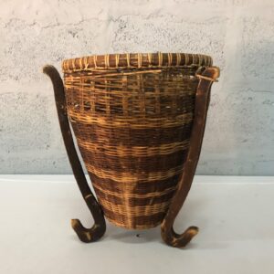 Wicker hanging/creel style basket with wooden supports — worn, repair present