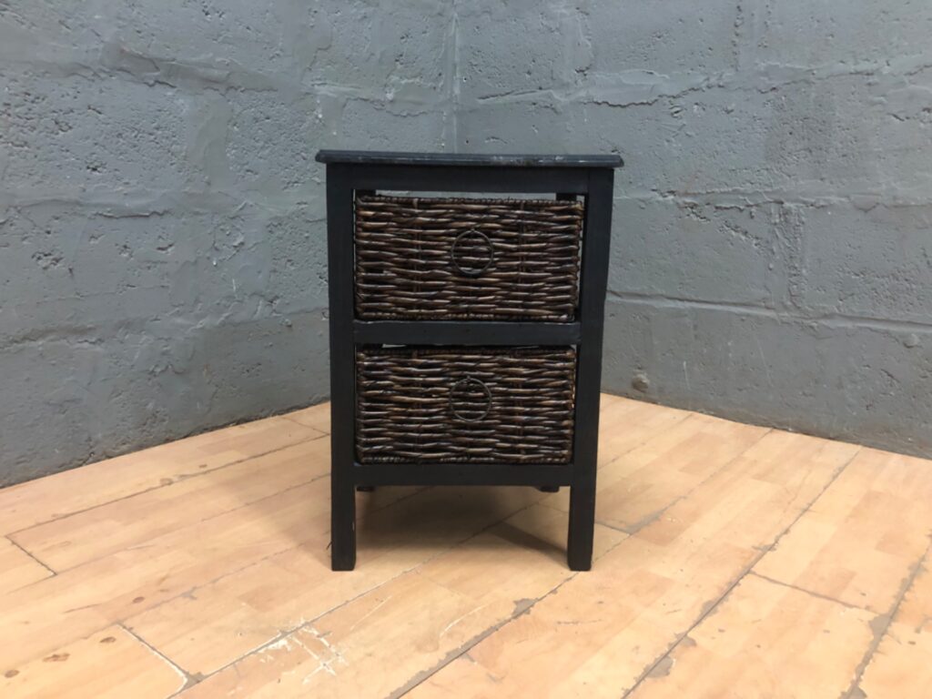 Compact black wooden bedside / side table with two woven wicker drawers