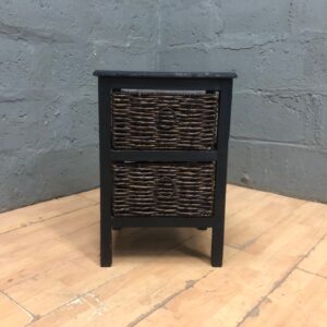 Compact black wooden bedside / side table with two woven wicker drawers