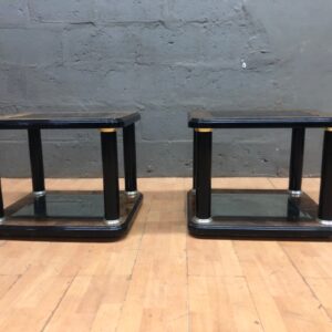 Pair of Square Burl‑Effect Side Tables with Central Glass Insets & Mirrored Lower Shelf (53 x 53 x 67cm)
