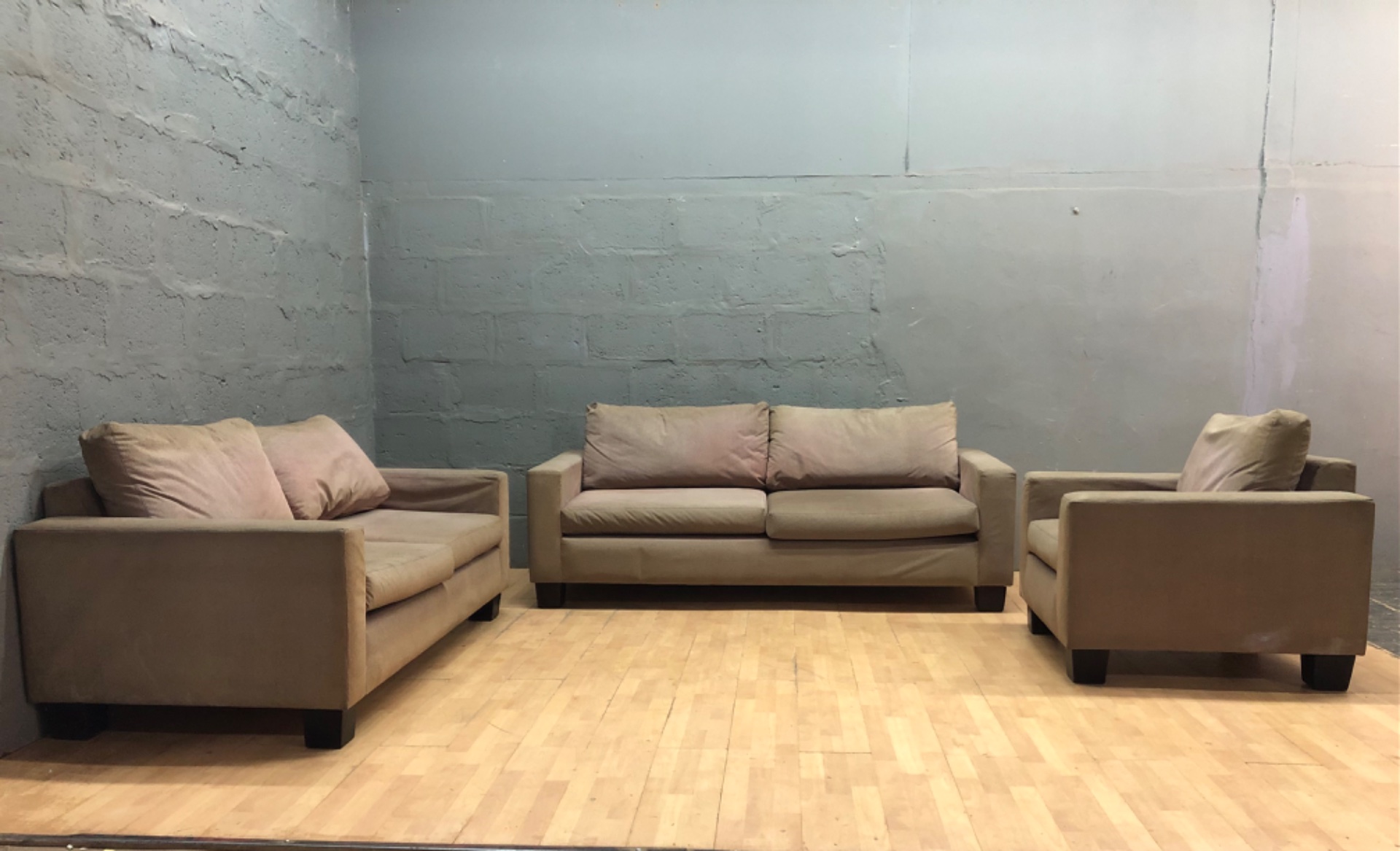 3-piece fabric lounge set (two sofas + armchair) — removable cushion covers, fair condition