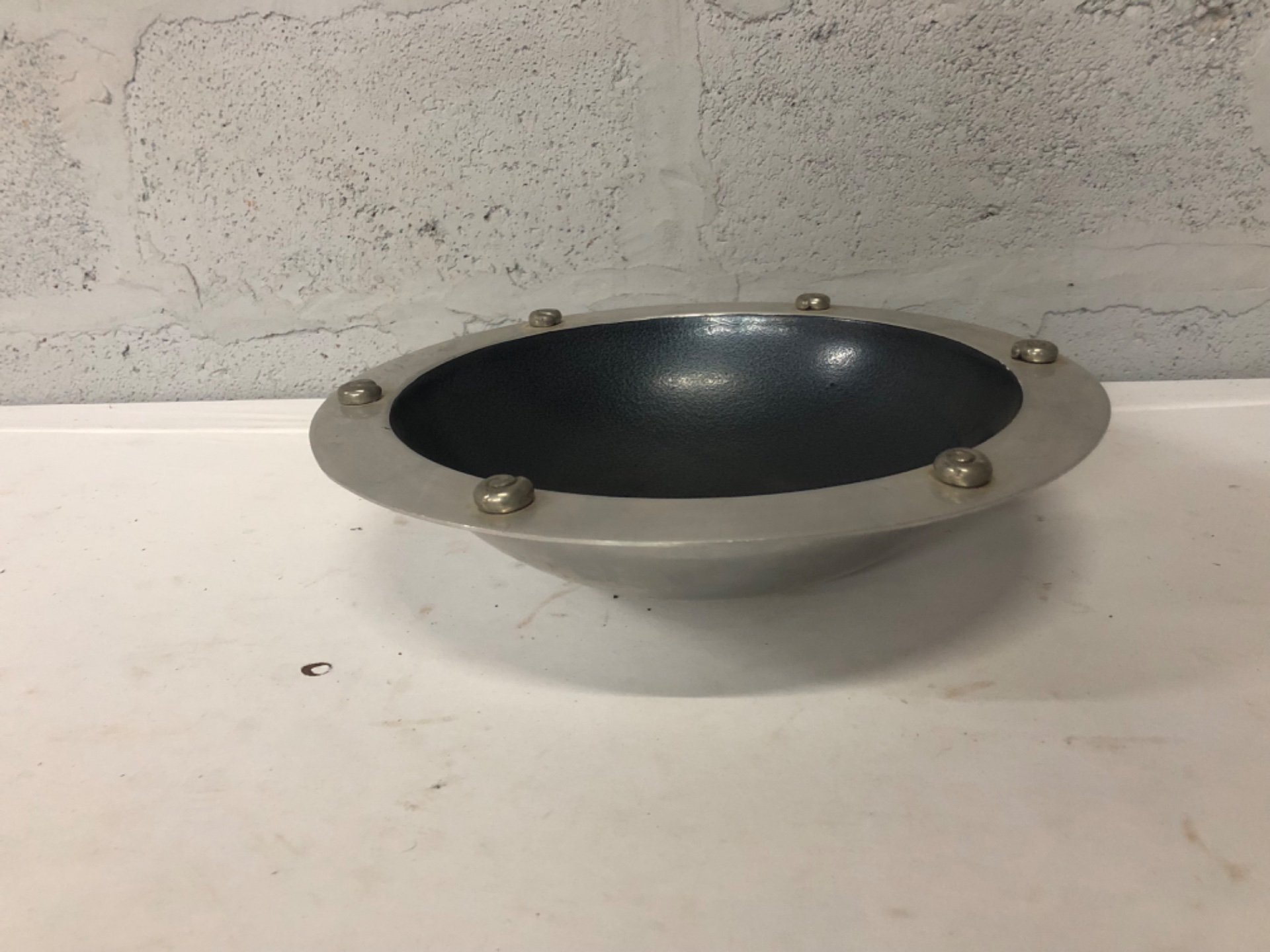 Decorative metal serving bowl with six spiral scroll caps (lid not included)