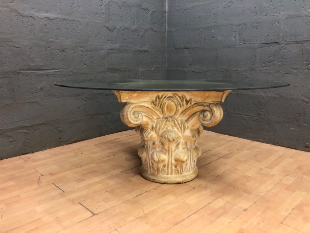 Large 170 cm Round Tempered Glass Top Table on Decorative Carved Pedestal Base