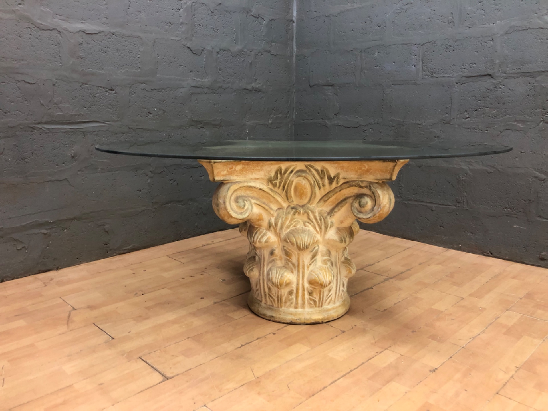 Large 170 cm Round Tempered Glass Top Table on Decorative Carved Pedestal Base
