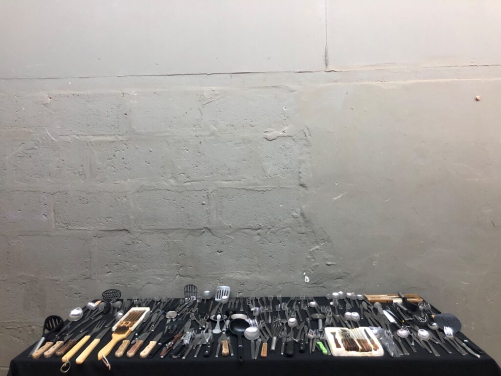 Mixed lot of stainless-steel cutlery & kitchen utensils — approx. 130 pieces with boxed 6-piece fondue forks