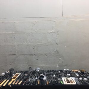 Mixed lot of stainless-steel cutlery & kitchen utensils — approx. 130 pieces with boxed 6-piece fondue forks