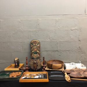 Lot of 29 Mixed Wooden Serving & Decorative Items incl. Carved Mask, Bowls, Trays & Boxed Egg Poacher