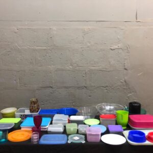 Lot of 36 Assorted Kitchen Storage Containers, Bowls, Cups & Mosaic Vase (Used)