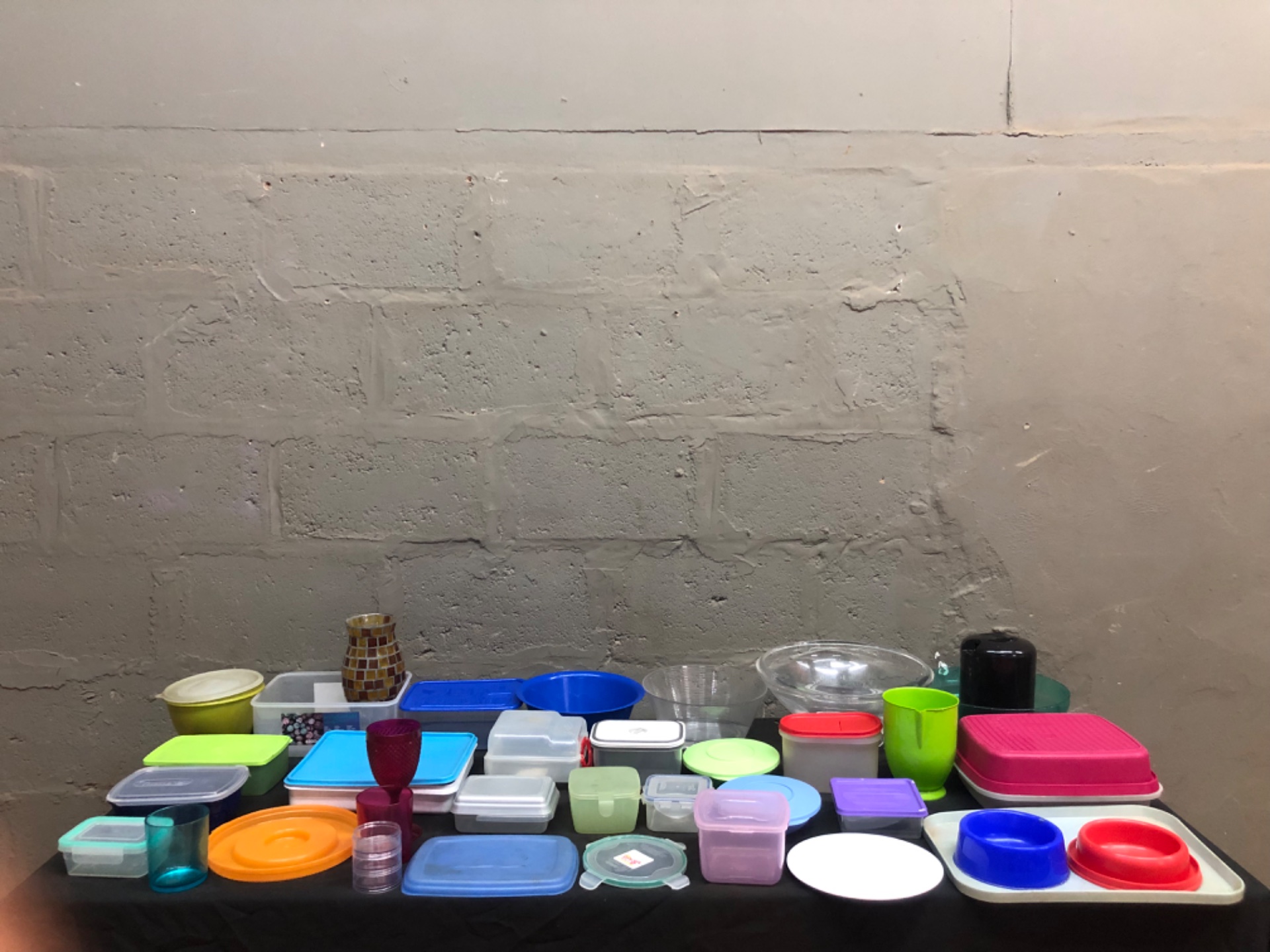 Lot of 36 Assorted Kitchen Storage Containers, Bowls, Cups & Mosaic Vase (Used)