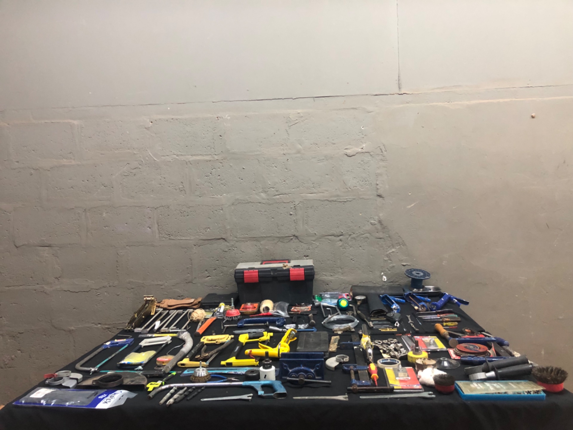 Mixed Lot of Hand & Workshop Tools — Clamps, Saws, Bits, Consumables + Toolbox (Used)
