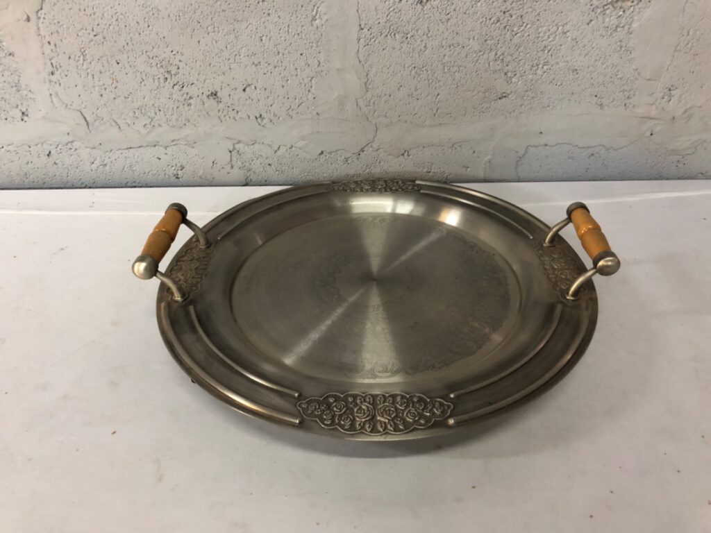 48 cm Decorative Stainless Serving Tray on Feet with Turned Wooden Handles