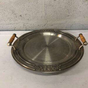 48 cm Decorative Stainless Serving Tray on Feet with Turned Wooden Handles
