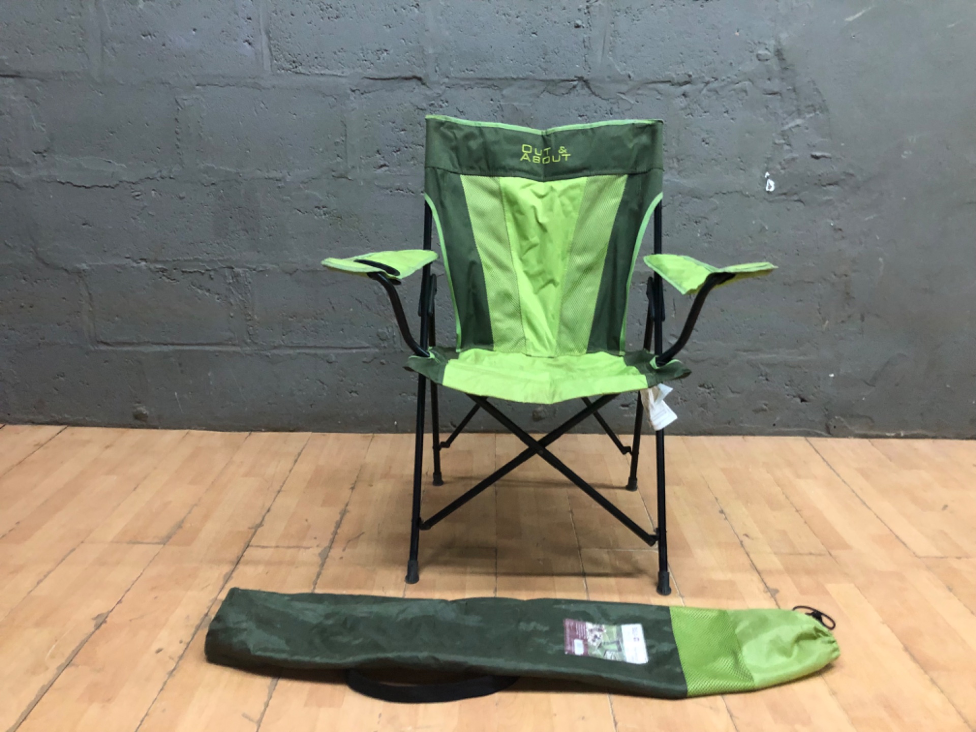 Out & About Folding Camping Chair — Green, Carry Bag Included, Light Wear, Torn Cupholder Mesh