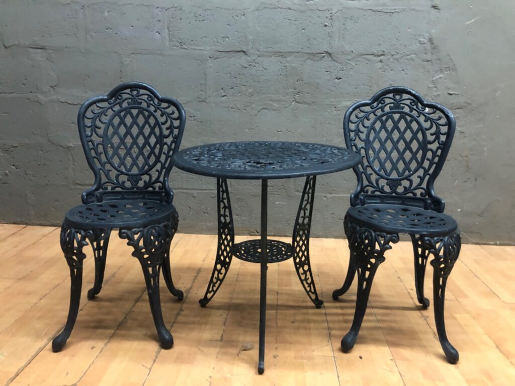 3‑Piece Ornate Aluminium Outdoor Bistro Set — Round Table Ø65cm x H65cm + 2 Chairs (Cosmetic & Repair Needed)