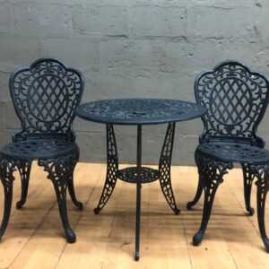 3‑Piece Ornate Aluminium Outdoor Bistro Set — Round Table Ø65cm x H65cm + 2 Chairs (Cosmetic & Repair Needed)
