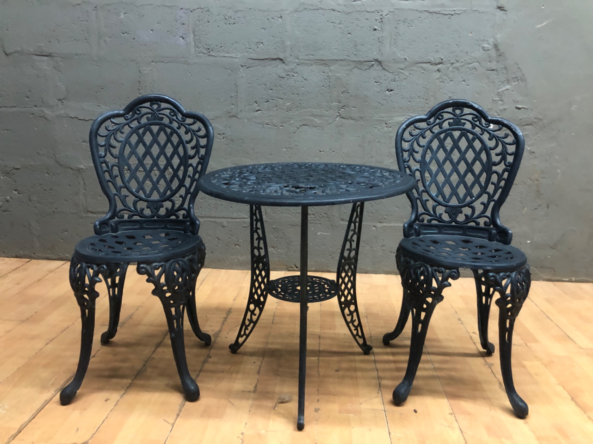 3‑Piece Ornate Aluminium Outdoor Bistro Set — Round Table Ø65cm x H65cm + 2 Chairs (Cosmetic & Repair Needed)