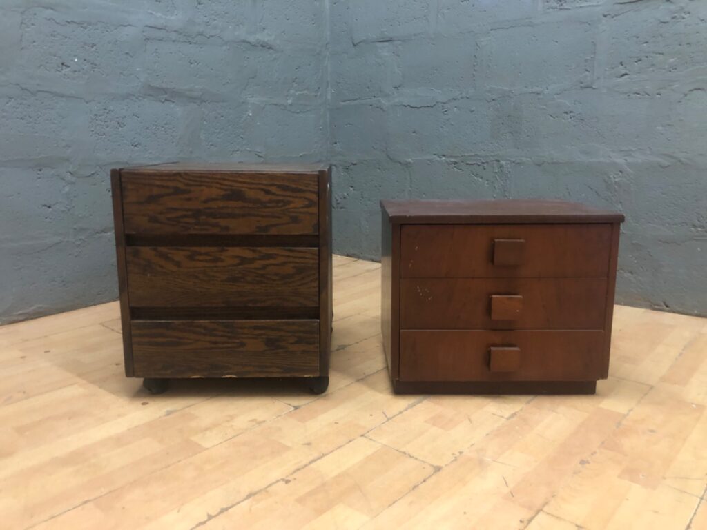 Pair of small 3-drawer wooden bedside / filing cabinets — used, drawers tested