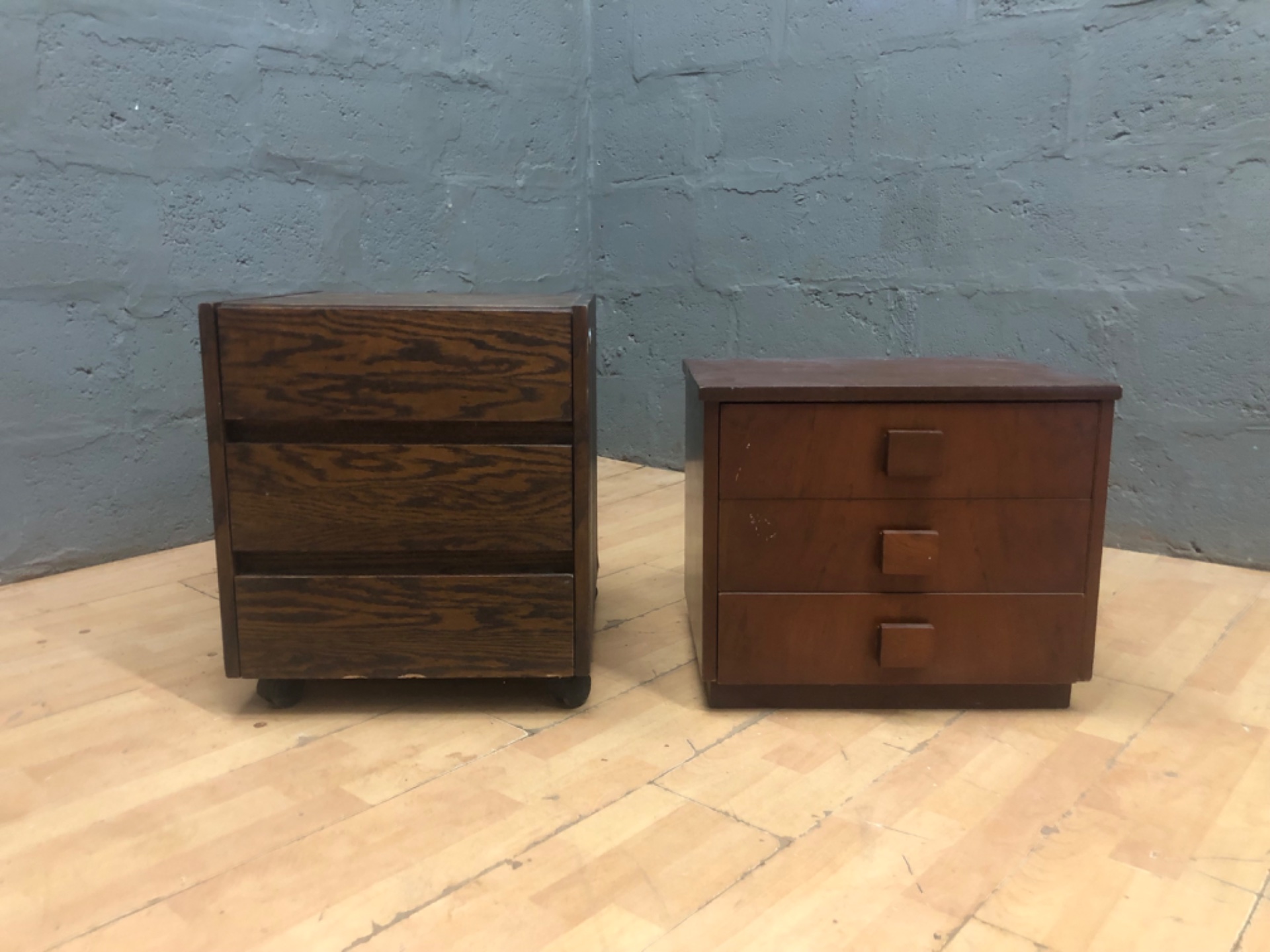 Pair of small 3-drawer wooden bedside / filing cabinets — used, drawers tested