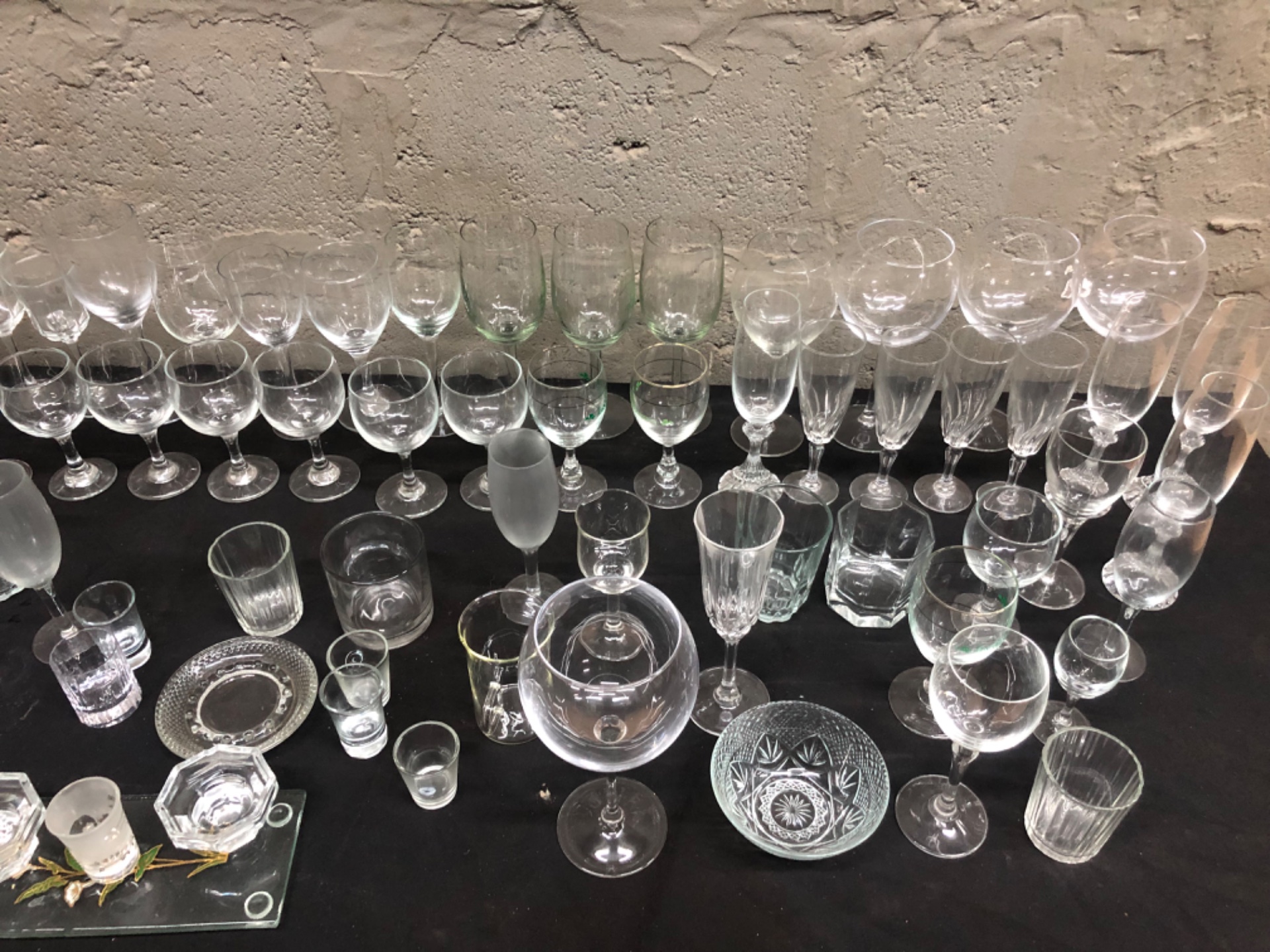 Mixed lot ~80 Assorted Glassware — wine stems, tumblers, bowls, ashtrays & candle holders