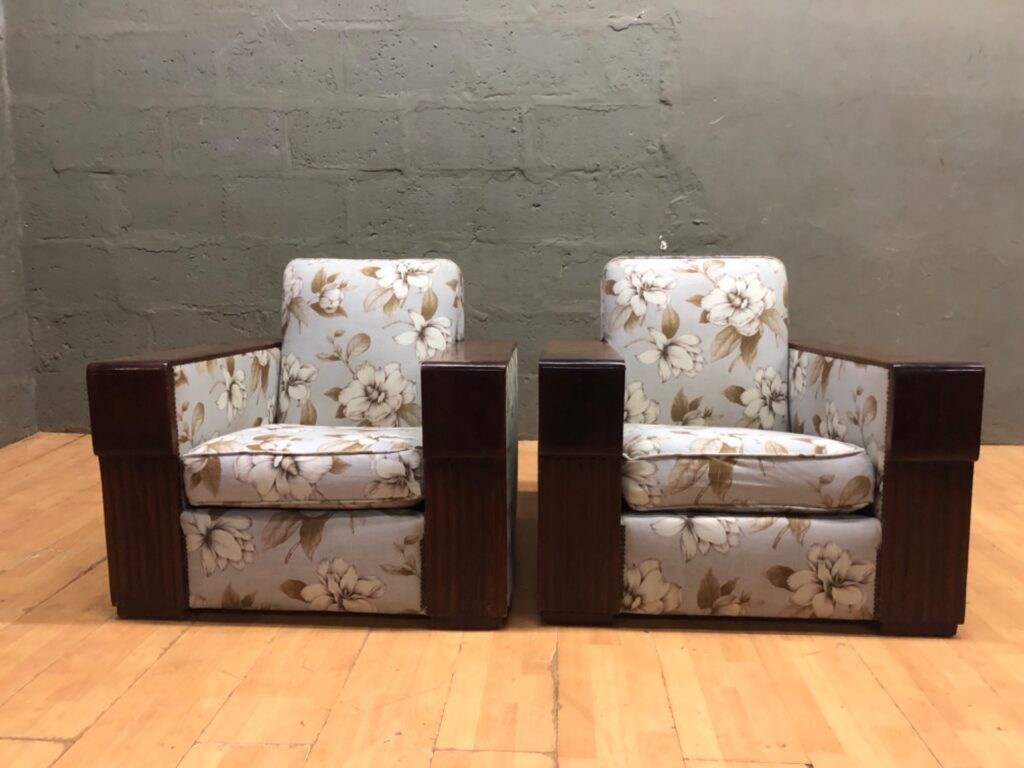 Pair of Low-Profile Upholstered Armchairs with Chunky Wooden Arms