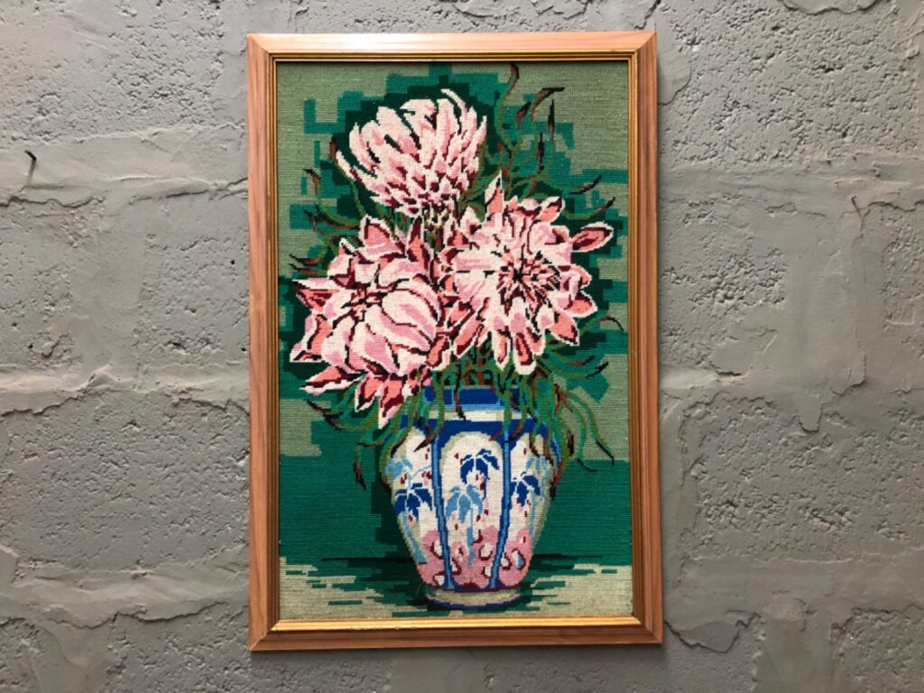 Framed needlepoint floral tapestry — pink flowers in blue vase, 80 × 53 cm (framed)