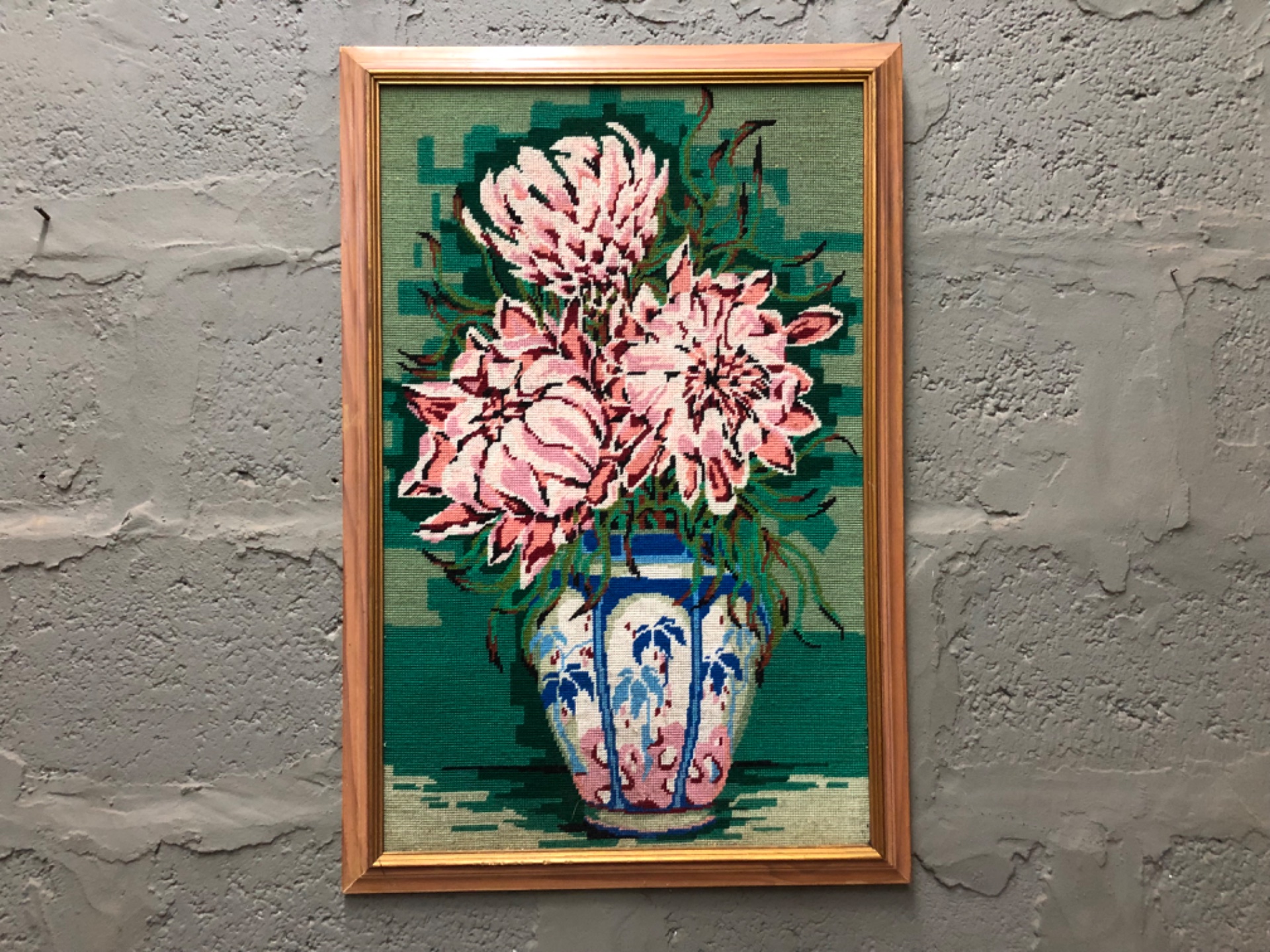 Framed needlepoint floral tapestry — pink flowers in blue vase, 80 × 53 cm (framed)
