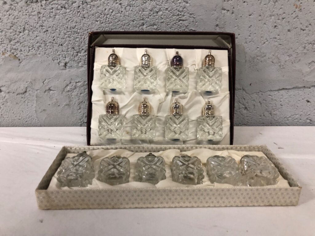 Boxed set of 14 cut-glass condiment shakers — Made in Japan, original presentation boxes