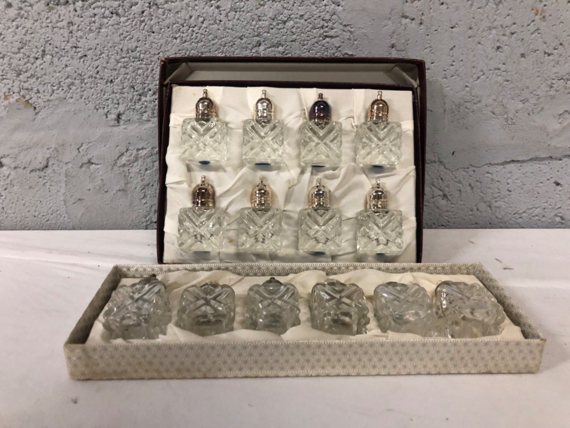Boxed set of 14 cut-glass condiment shakers — Made in Japan, original presentation boxes