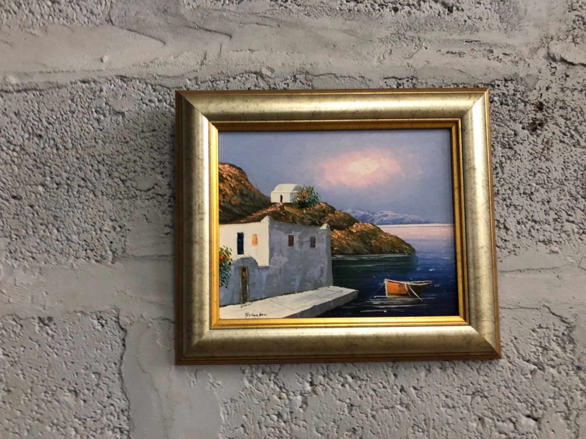Signed framed oil painting on canvas — Mediterranean seascape, textured impasto, gilt frame