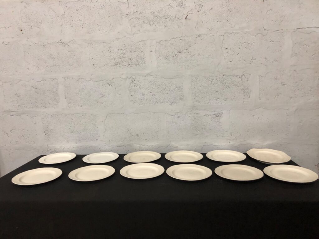 Lot of 12 White Embossed Dinner Plates & Platters — Mixed Sizes, ‘Royale’ Backstamp, Used