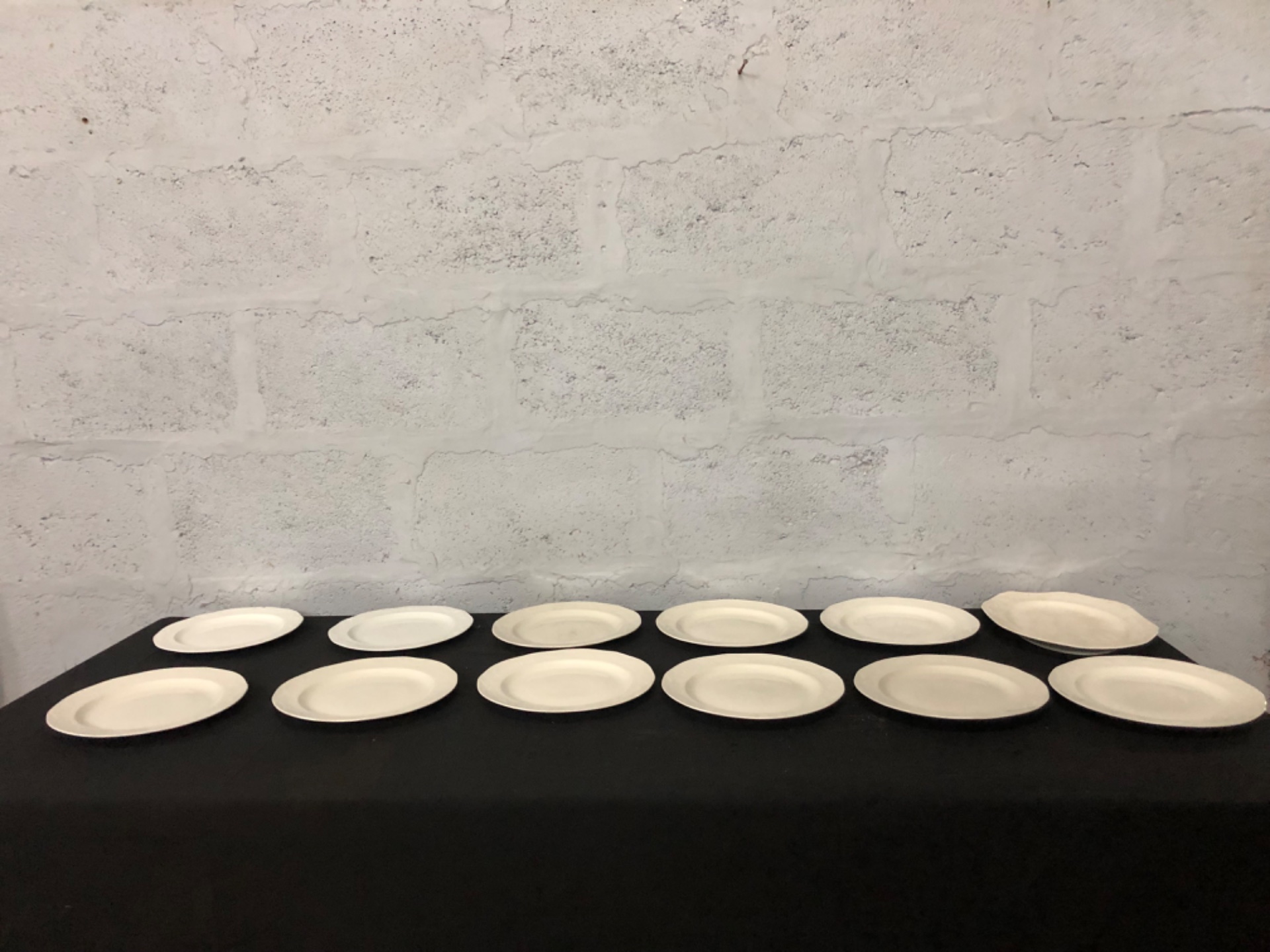Lot of 12 White Embossed Dinner Plates & Platters — Mixed Sizes, ‘Royale’ Backstamp, Used