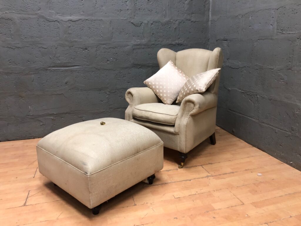 Beige Upholstered Wingback Armchair with Matching Ottoman — Scroll Arms, Brass Castors (Ottoman Foot Loose)