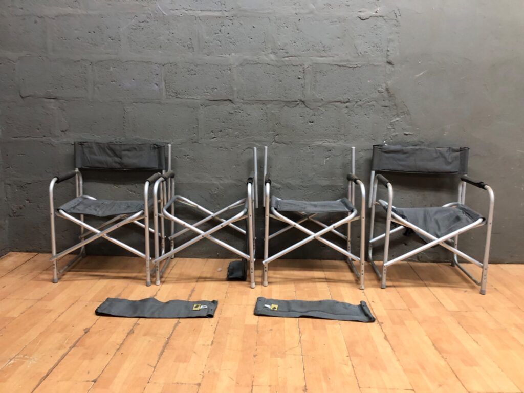 Lot: 4 Folding Director-Style Camping Chairs — Aluminium Frames, 2 Seat Slings Detached