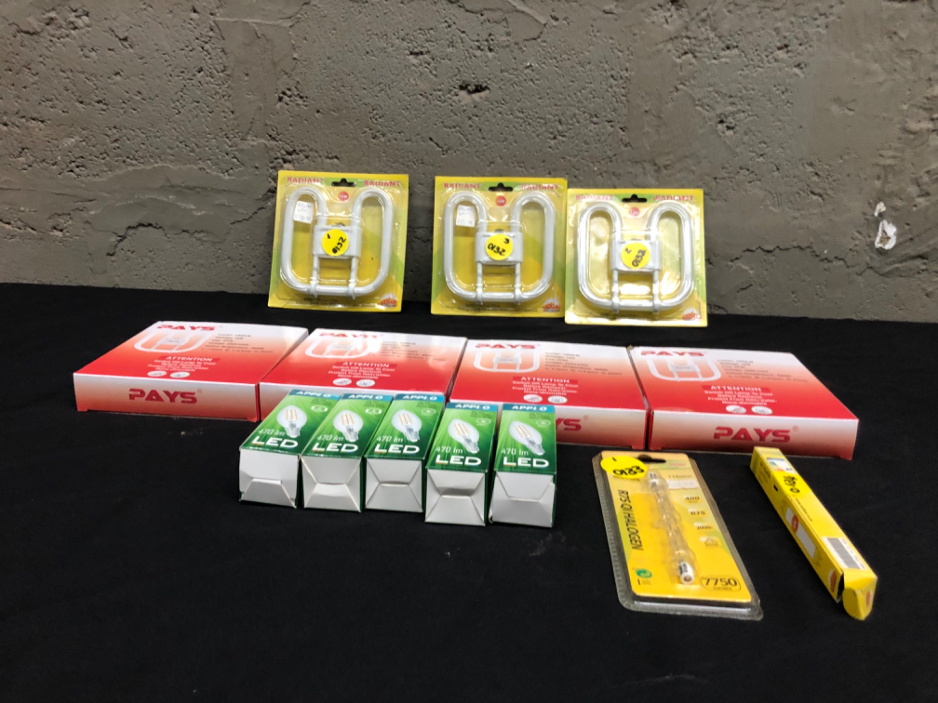 Lot of 14 New Boxed Light Bulbs & Tubes — PAYS, APPL O, Radiant (LED, CFL, R7S Halogen) – Warehouse Tested