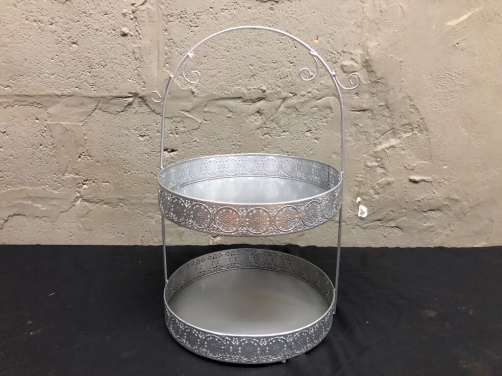 Three-tier decorative metal serving / plant stand — silver finish, ornate pierced rims