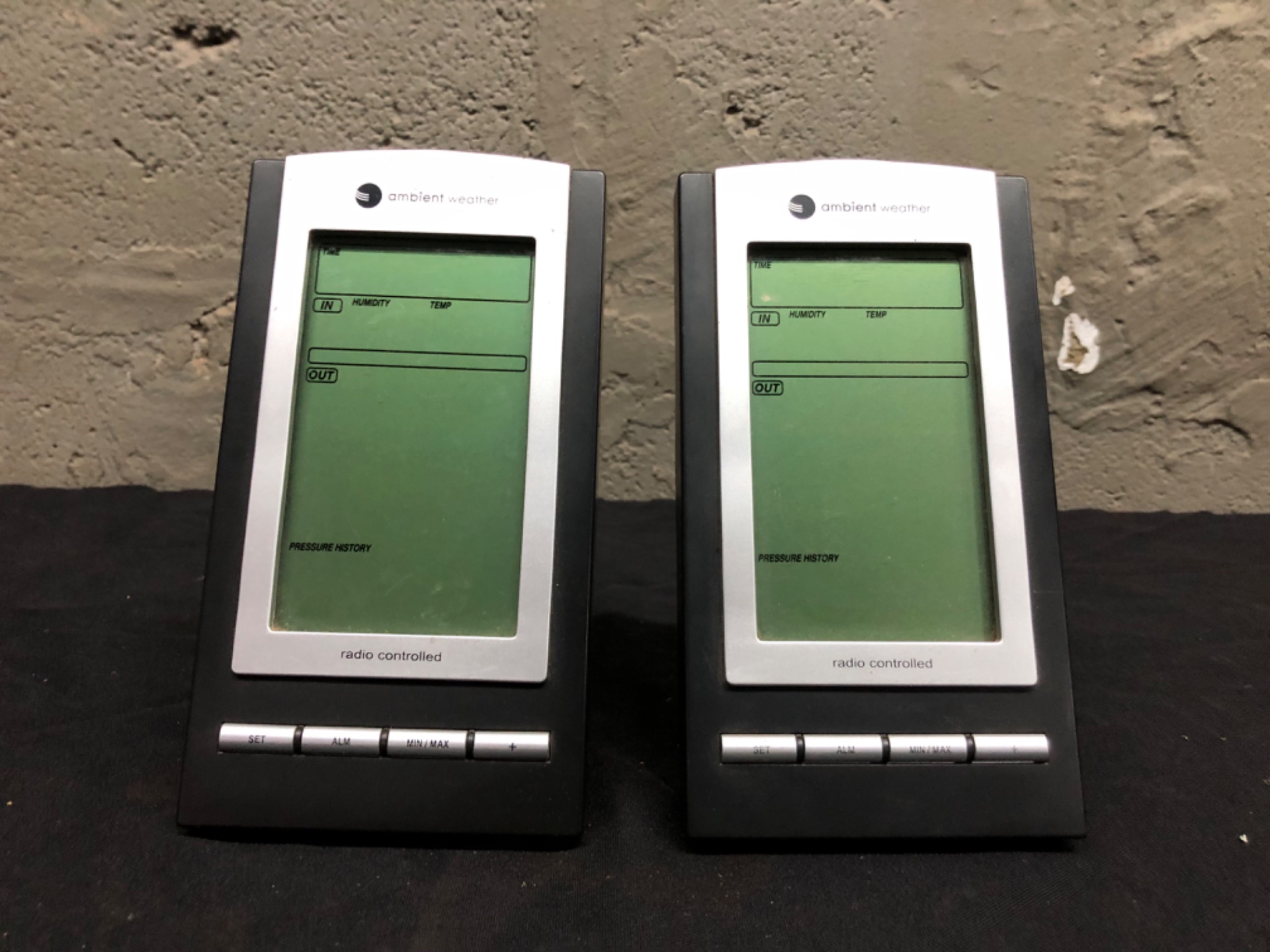 Pair of Ambient Weather radio-controlled digital display units — used, batteries installed, battery-well corrosion