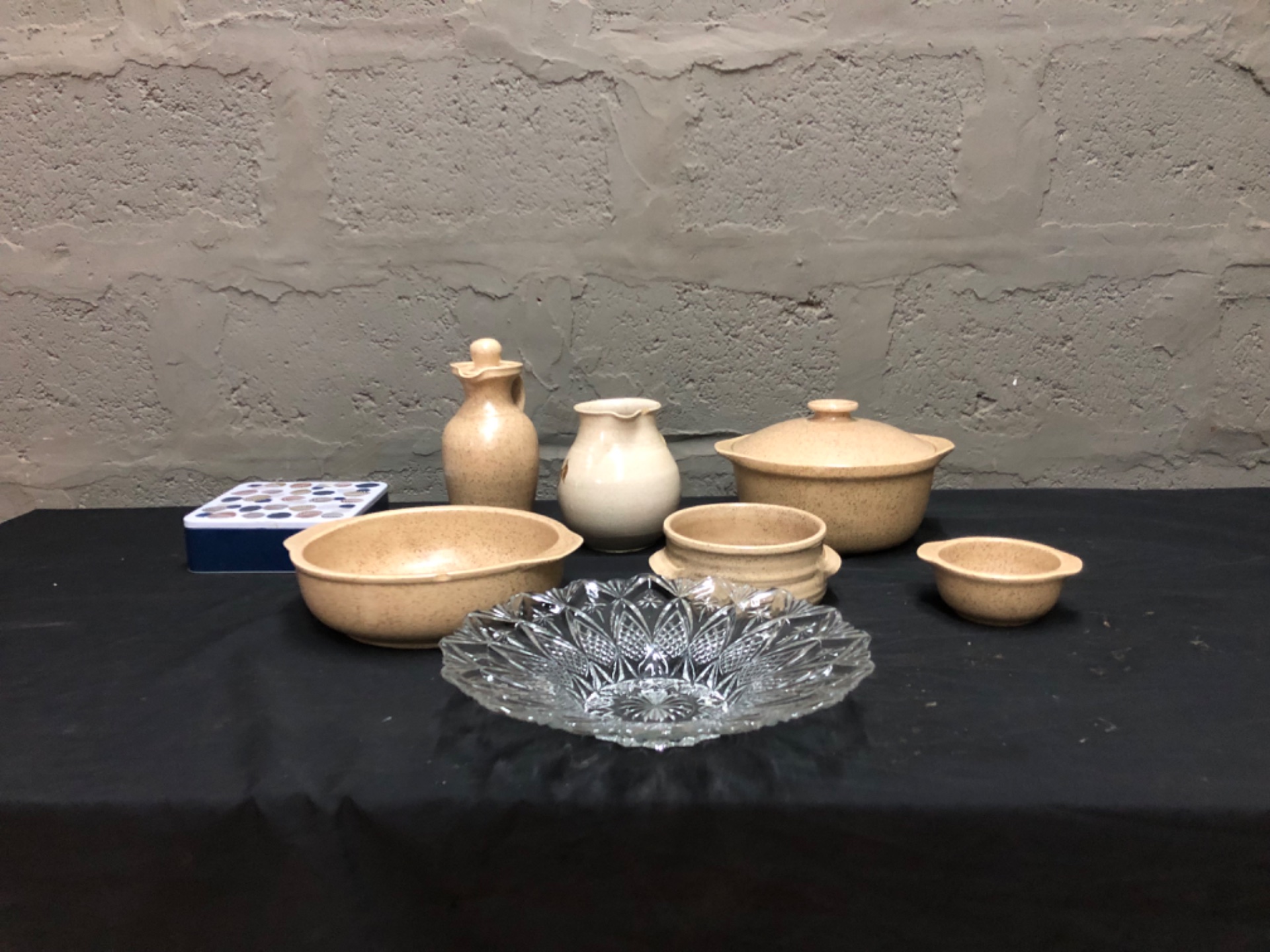 Assorted Speckled Ceramic Servingware & Cut-Glass Dish — 8-piece mixed lot