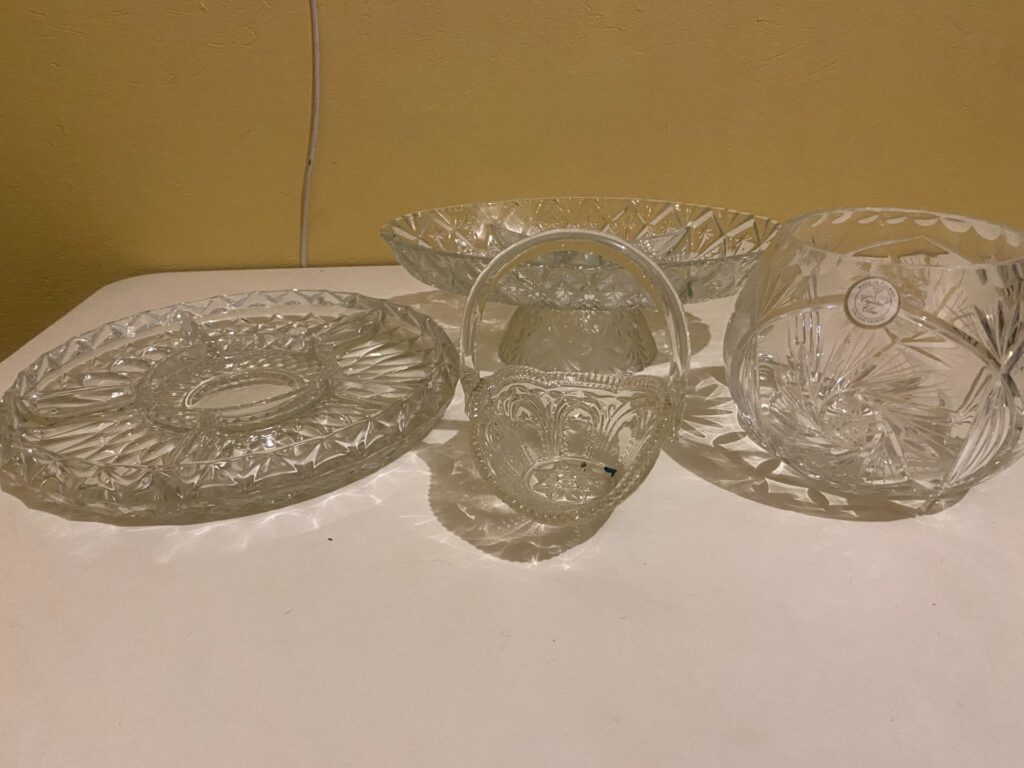 Assorted cut‑style glassware / pressed crystal lot with Renaissance Collection flute box (divided plate, handled basket, pedestal bowl, round bowl)