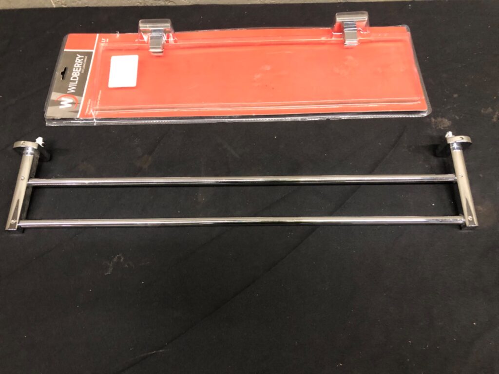 Mixed bathroom lot – Chrome double towel rail (used) + Wildberry tempered glass shelf (new, sealed)