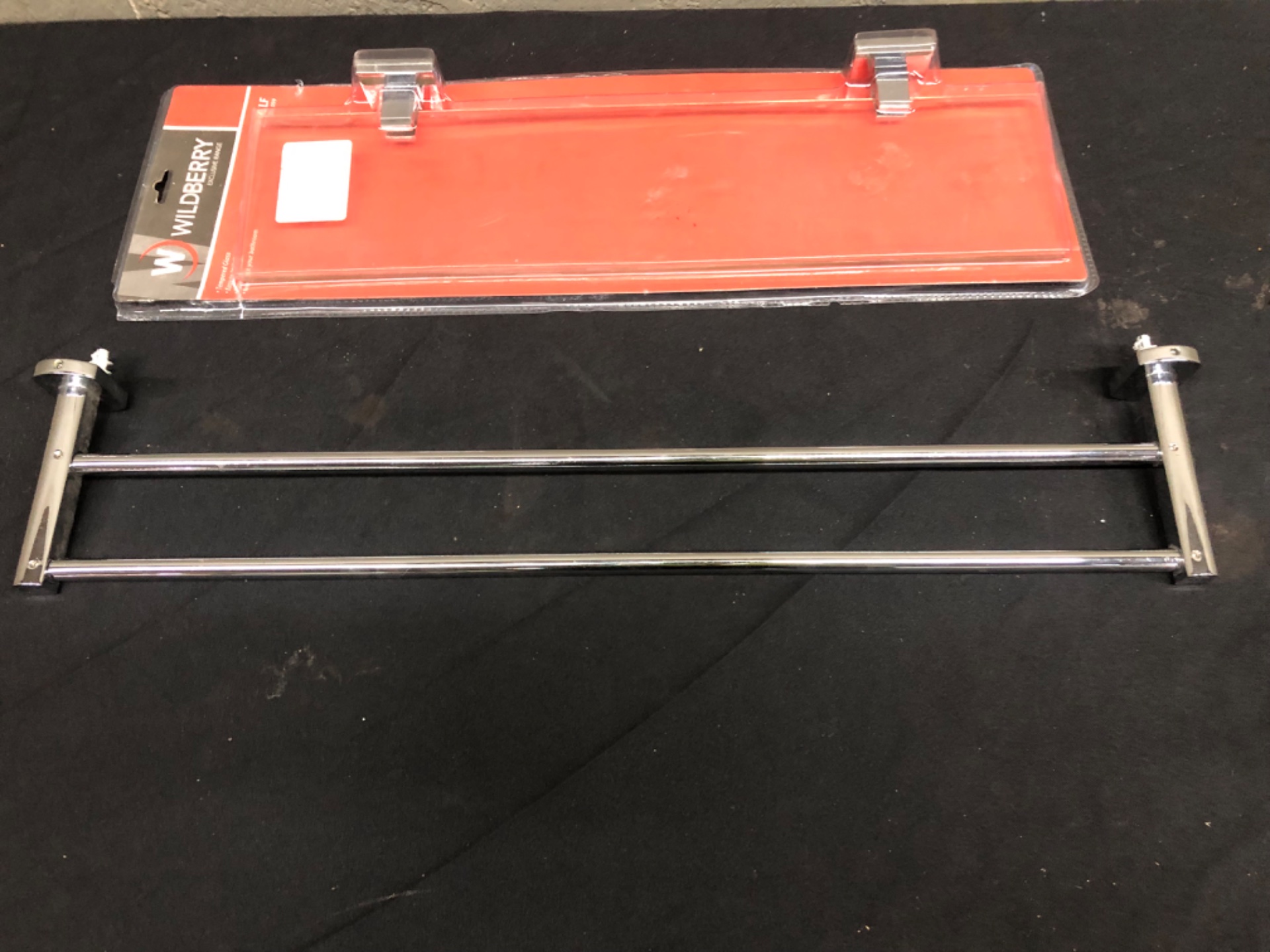 Mixed bathroom lot – Chrome double towel rail (used) + Wildberry tempered glass shelf (new, sealed)