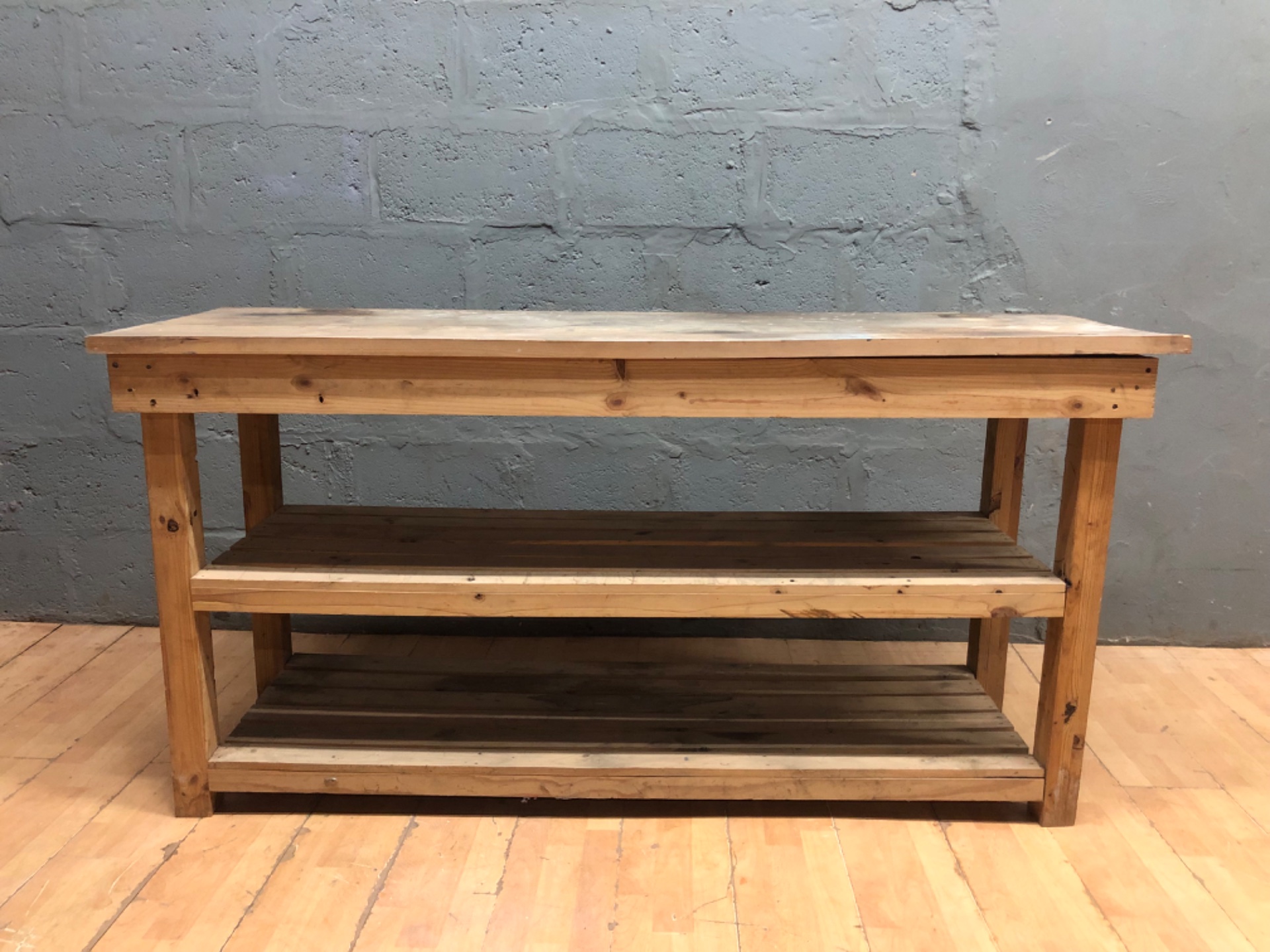Used timber workbench / console table – 180 x 57 x 90 cm (W x D x H)