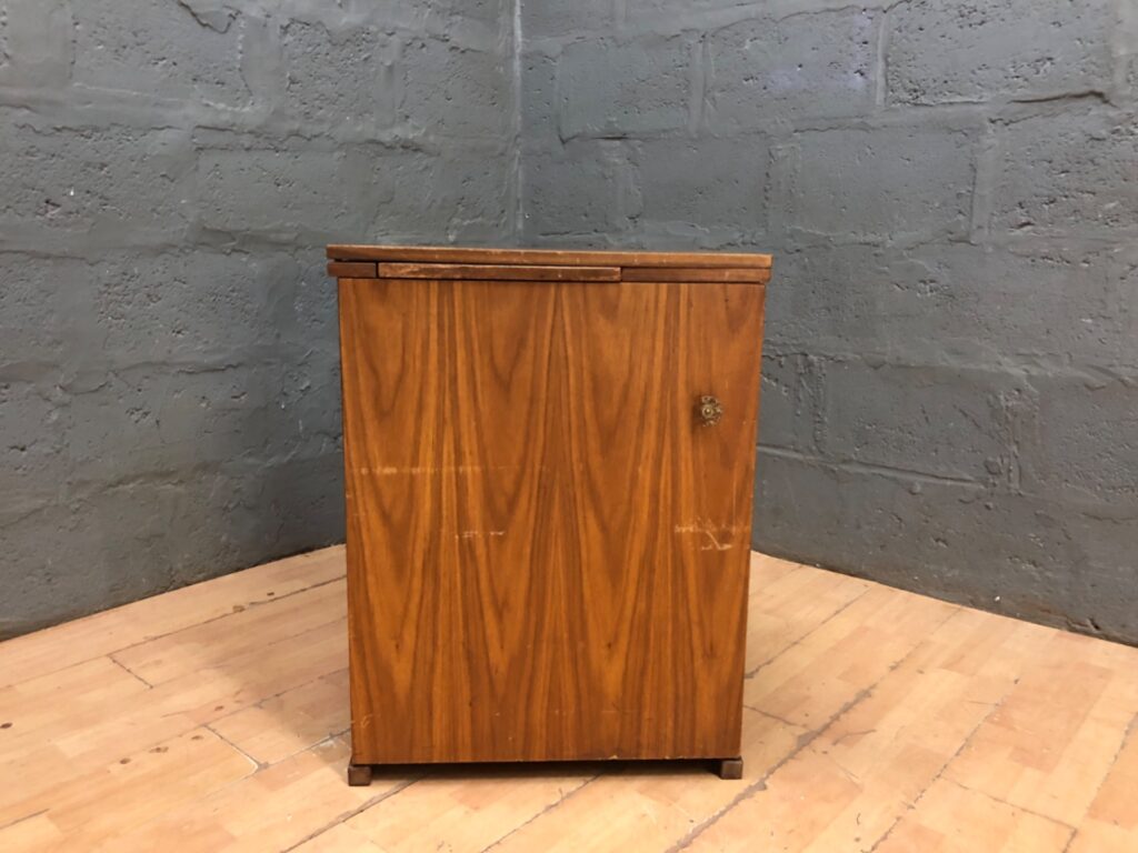 Small Hinged-Top Wooden Bedside / Storage Cabinet with Internal Bins and Fold-out Lid