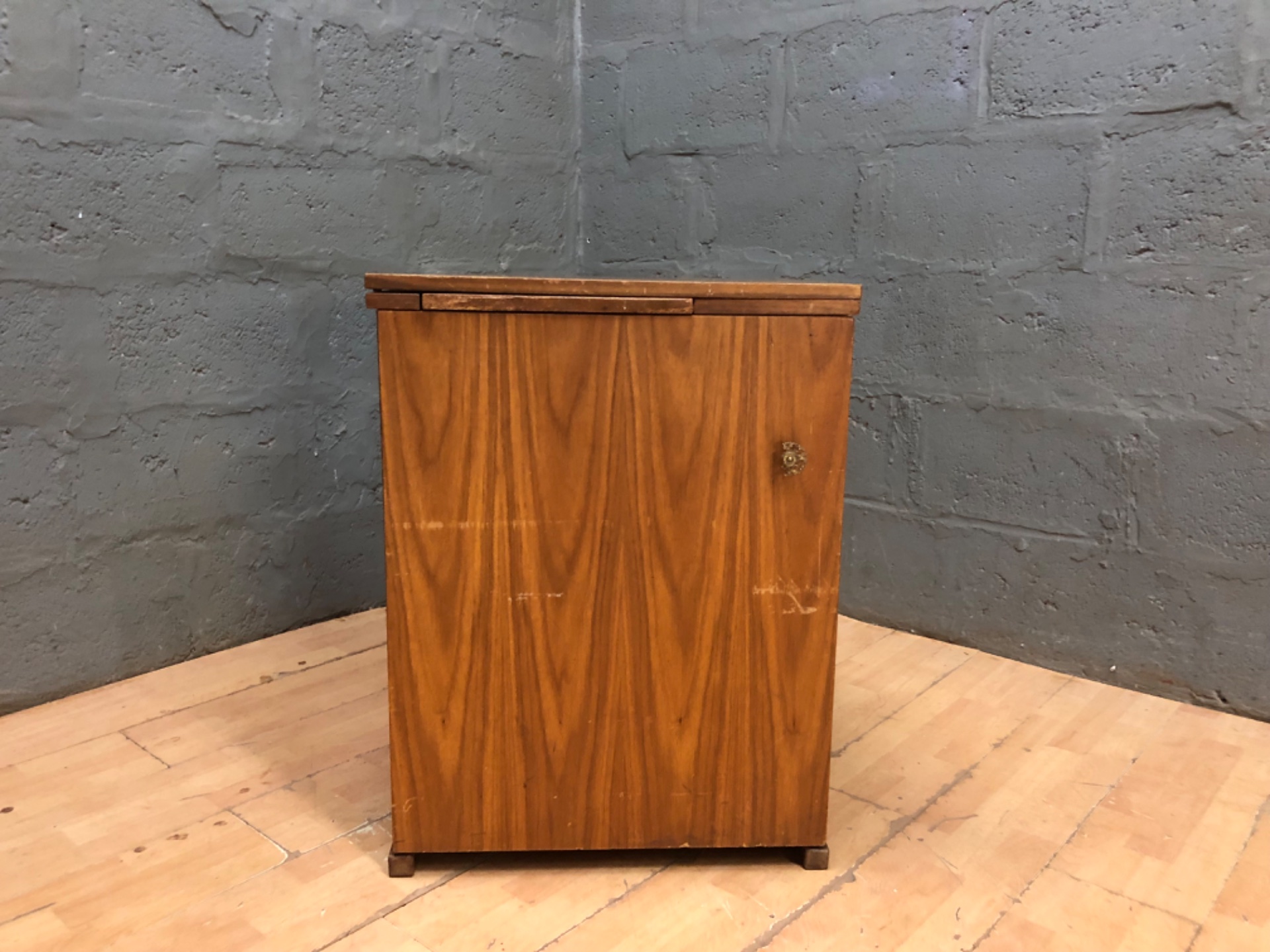 Small Hinged-Top Wooden Bedside / Storage Cabinet with Internal Bins and Fold-out Lid