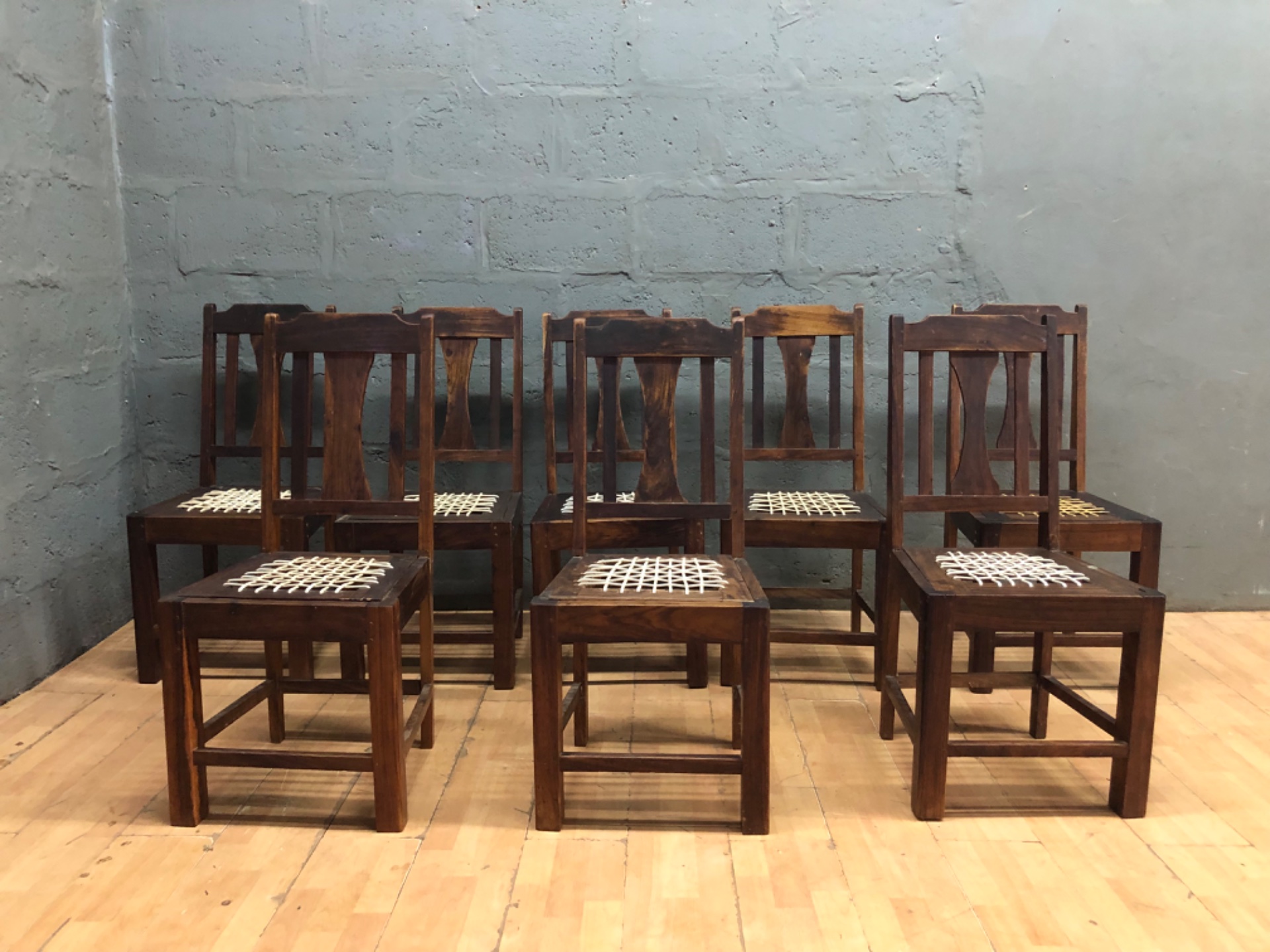 Set of 8 Solid Wood Dining Chairs — Rustic, Re‑webbed Seats, Fair Condition
